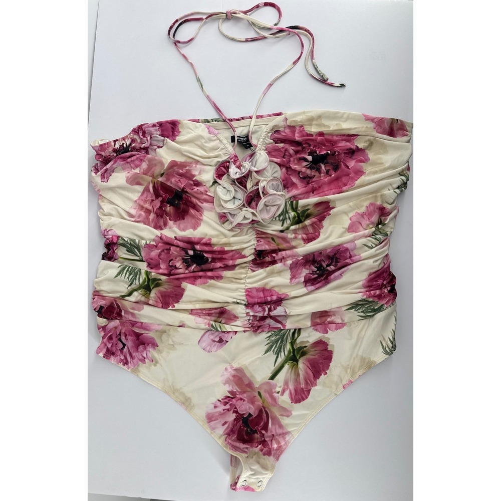 Express Body Contour Floral Rosette Ruched Bodysuit Pink Cream XL 06410371
